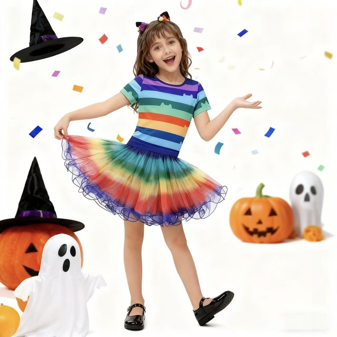 Summer Dresses Yours Clothing - Kaus Bergaris Pelangi Anak Perempuan Rok