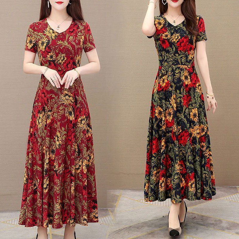 Summer Clothing For 70 Year Old Woman - Gaun Midi Motif Bunga Antik Geometris