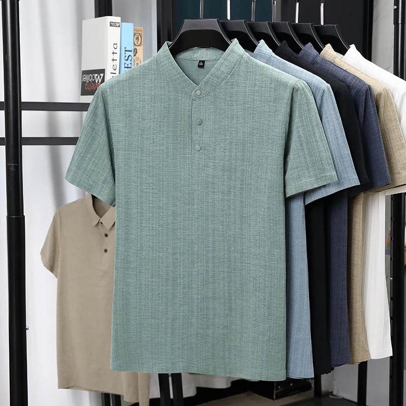 Summer Clothing Linen - Kemeja Pria Kerah Mandarin Setengah Kancing