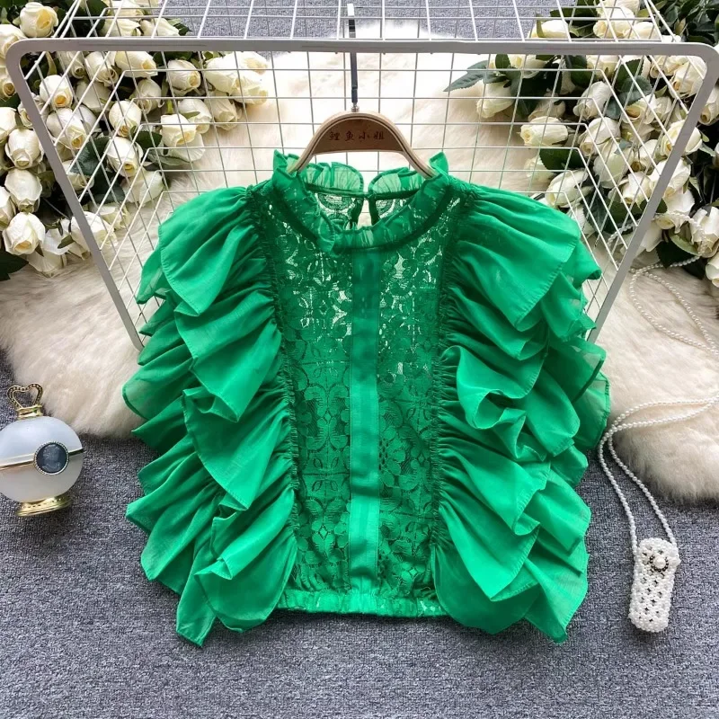 Summer Clothing In French - Blus Lengan Kelopak Renda Elegan Antik
