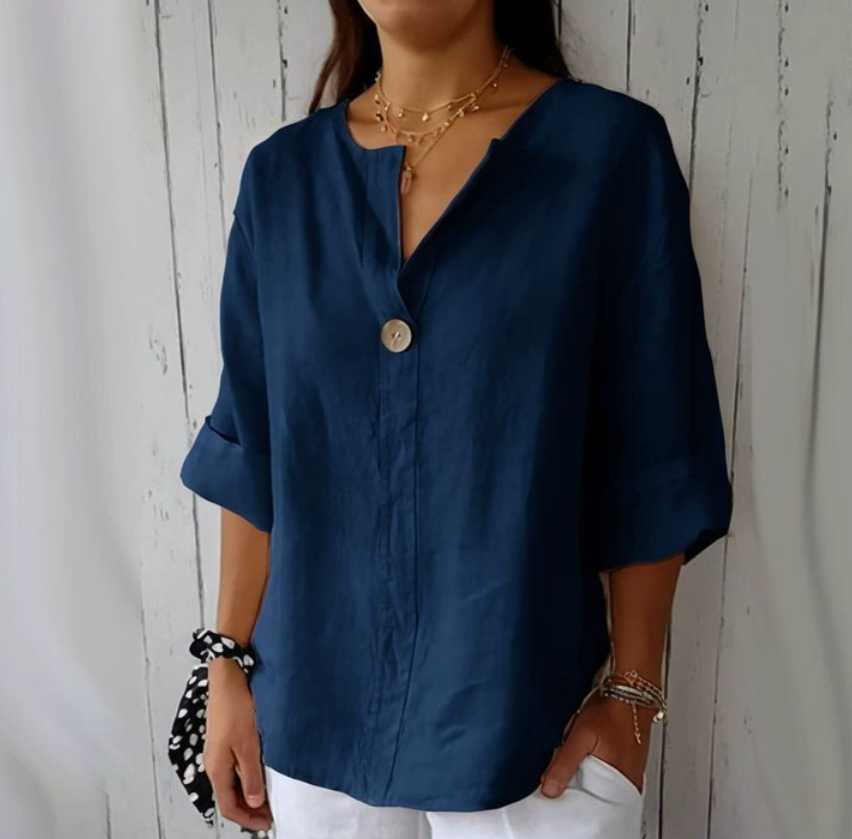 Summer Clothing Linen - Kemeja Wanita Ukuran Besar V-Neck Katun
