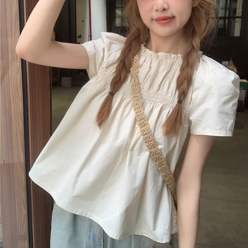 Summer Clothing In French - Shirring Kemeja Warna Solid Pakaian Wanita