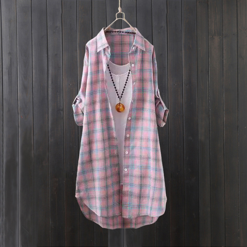 Summer Clothing Linen - Kemeja kotak-kotak wanita musim panas longgar