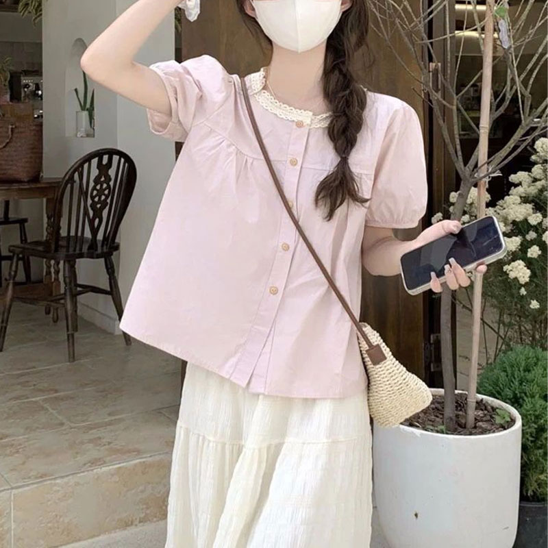 Summer Clothing In French - Kemeja Sambungan Renda Modis Pakaian Wanita